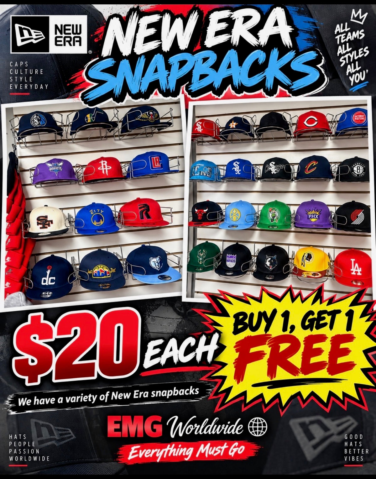 EMG Worldwide New Era snapbacks - $20 each, buy one get one free