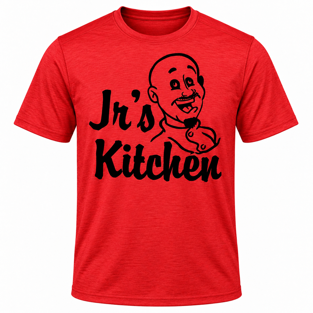 Jr's Kitchen tee-red front garment mockup