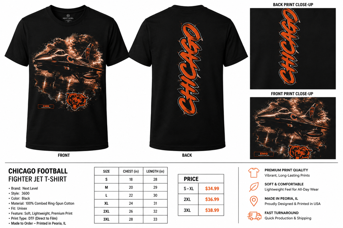 EMG Worldwide Chicago football fighter jet Next Level 3600 clean front and back product mockup