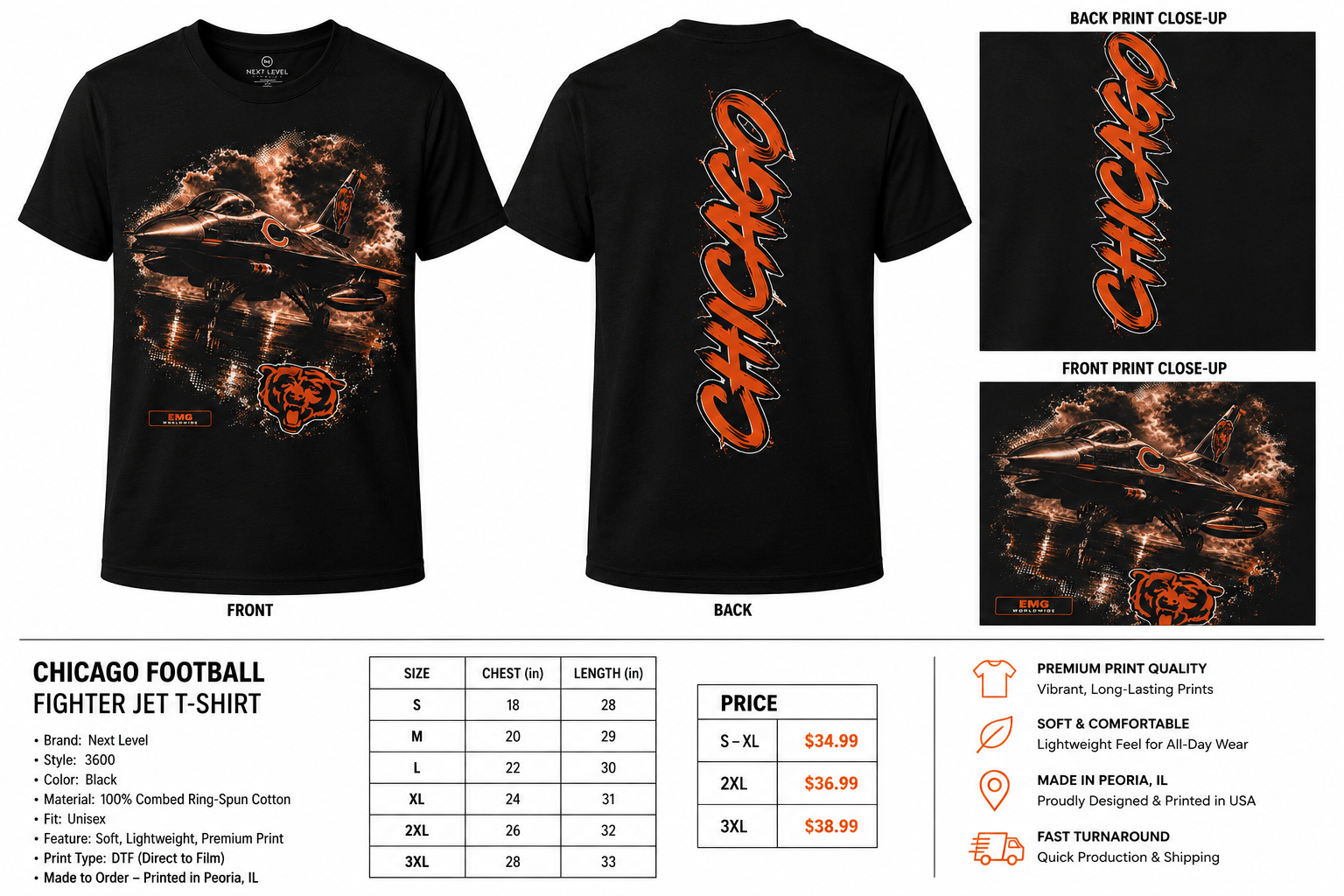 EMG Worldwide Chicago football fighter jet Next Level 3600 clean front and back product mockup