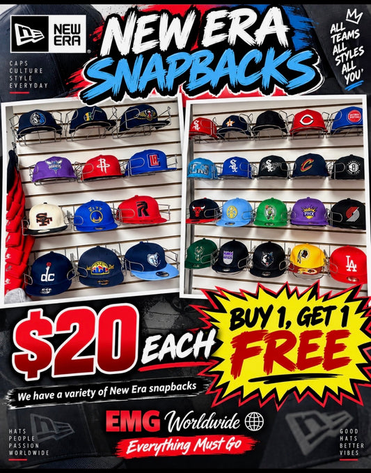 EMG Worldwide New Era snapbacks - $20 each, buy one get one free