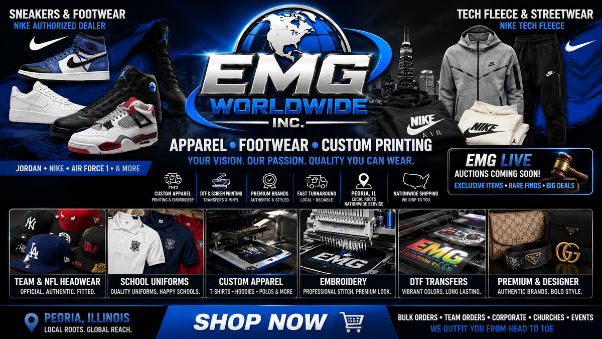 EMG Worldwide retail and custom apparel hero featuring sneakers, streetwear, headwear, school uniforms, printing and embroidery