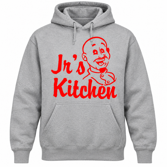 Jr's Kitchen hoodie-gray front garment mockup