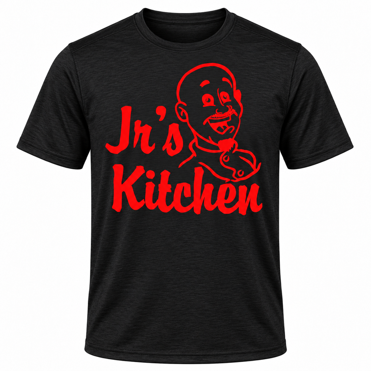 Jr's Kitchen tee-black front garment mockup