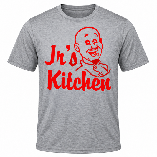 Jr's Kitchen tee-gray front garment mockup