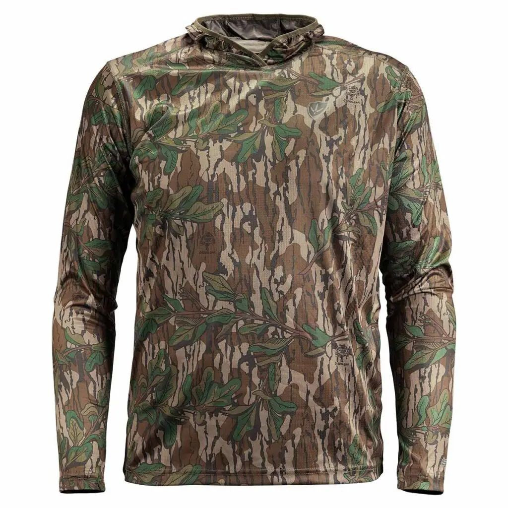 Mossy Oak camouflage performance hoodie with hood visible