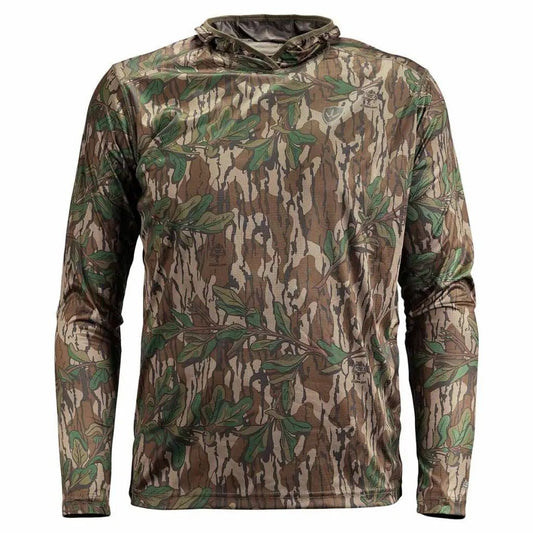 Mossy Oak camouflage performance hoodie with hood visible