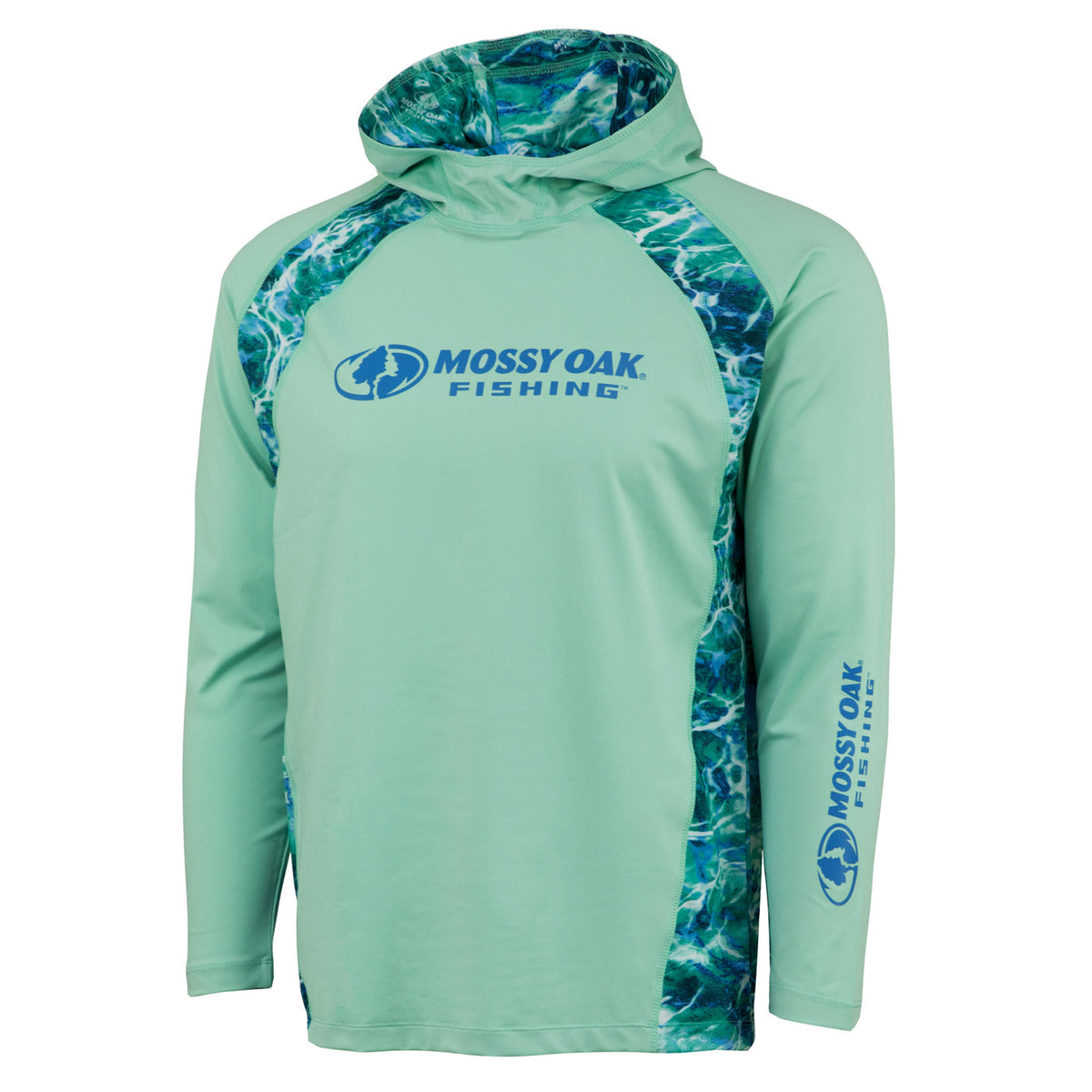 Mossy Oak fishing performance hoodie with hood visible